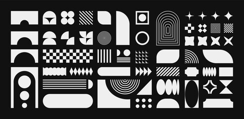 Wall Mural - abstract retro shapes, basic brutal forms and figures in y2k aesthetics, white vintage stickers, log
