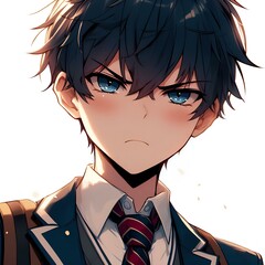 Wall Mural - close up anime boy angry expression school uniform with vertical white background.