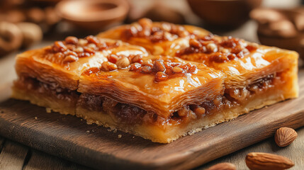 Greek baklava, sweet pastry with honey and nuts, isolated on white background, traditional Greek dessert