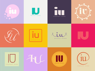 IU logo company template. Letter i and u logotype. Set different classic serif lettering and modern bold text with design elements. Initial font typography.