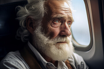 Positive person inside modern airplane jet passenger pilot, traveling by air, Generative AI photo