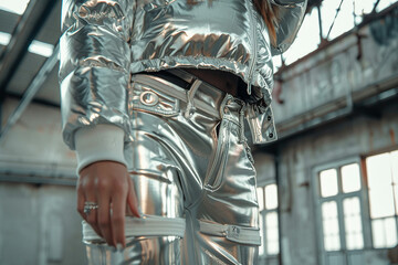 Wall Mural - fashionable futuristic model in surreal outfit generative ai
