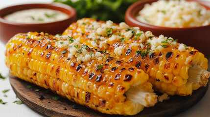 Mexican elote, grilled corn with cheese, isolated on white background, traditional Mexican dish, simple and clean presentation