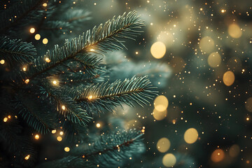 Christmas tree with lights bokeh background. Generative Ai.