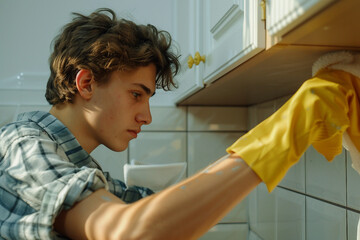 Wall Mural - Portrait of a young man cleaning home generative AI