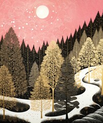 Sticker - Gold and silver and pink christmas trees outdoors painting nature.