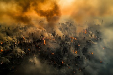 A shocking aerial view captures a large-scale wildfire tearing through a forest, leaving a trail of destruction and thick smoke in its wake. Natural disaster concept