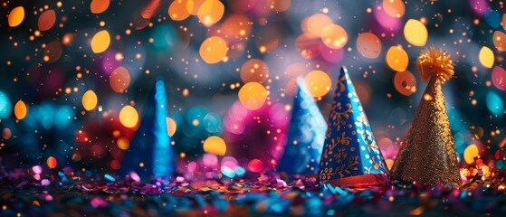 Wall Mural - Image depicts two party hats in blue and gold with yellow tassels, surrounded by confetti and glow sticks on a shiny surface. Evokes a celebratory mood, likely for a birthday or festive event.