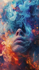 Wall Mural - an abstract portrait of a woman with closed eyes, surrounded by blue and red smoke, creating a surre
