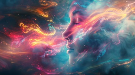 Wall Mural - A digital painting depicts a woman surrounded by colorful smoke, with eyes closed and uplifted hair. The vibrant image exudes a dreamy and abstract vibe.