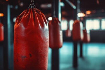 Boxing Club. Competition Fitness Training for Boxers with Punching Bag in Indoor Gym Setting