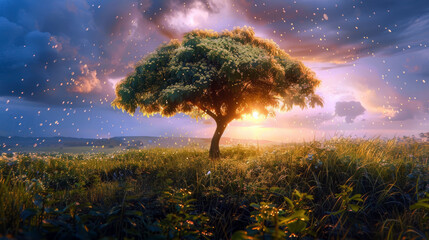 Wall Mural - Beautiful tree in the meadow at sunset with sun shining through the raindrops