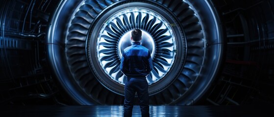 Technician Inspecting Large Engine in Dark Environment