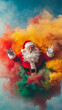 © ksu_ok - vibrant, surreal depiction of Santa Claus emerging from colorful clouds of swirling dust, wearing his iconic red suit and hat against a teal sky.