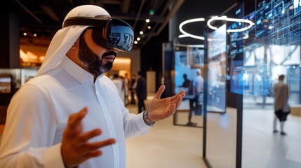 Fototapete - An Arab man is engaging with virtual reality technology at a contemporary exhibition. He wears a VR headset and appears fully immersed, surrounded by digital displays and other attendees.