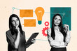 © deagreez - Composite trend artwork sketch image photo collage of young two lady think hold tablet colleagues idea lamp cogwheel cooperation teamwork