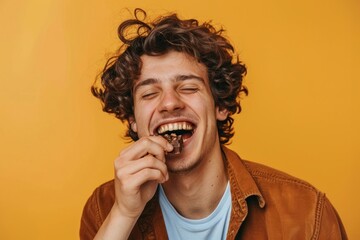 Wall Mural - Happy young man eating chocolate laughing person biting.