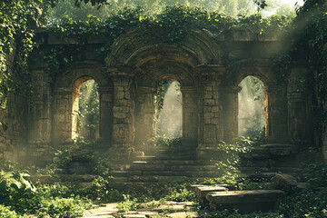 An ancient, vine-covered ruin shrouded in mist, with stone arches and steps, evoking a sense of mystery and serenity in a lush, green forest.