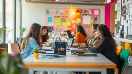 Poster - A group of five women engages in a productive discussion around a large table filled with laptops and stationery. The vibrant workspace is well-lit and features colorful accents on the walls.
