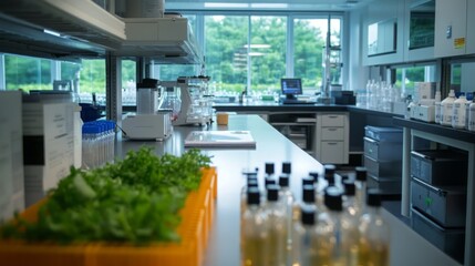 Poster - A lab bench with a variety of containers, chemicals, and plants sits in front of a window.