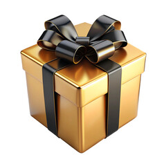 A gold gift box with a black ribbon on transparent Background PNG file