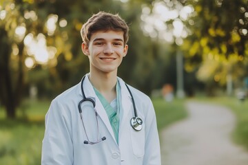 Doctor Outside. Young smiling doctor, beautiful portrait in the park