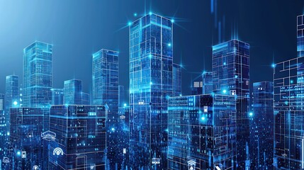 Futuristic Digital Cityscape with Glowing Towers and Data Streams