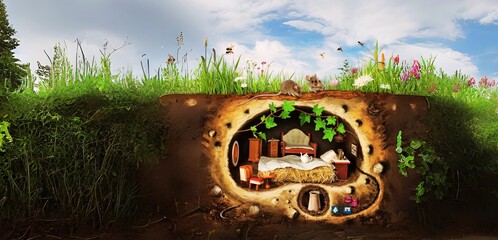 Charming Cutaway View of an Underground Mouse Burrow Surrounded by Lush Nature