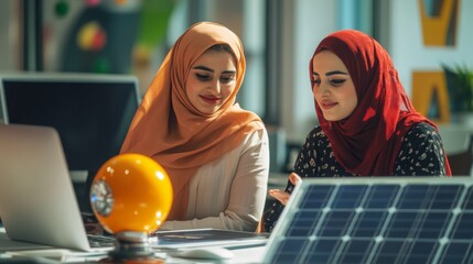 Poster - Two women wearing hijabs collaborate at a desk, sharing ideas and insights while surrounded by modern technology, including laptops and solar panels, in a bright, inviting workspace.