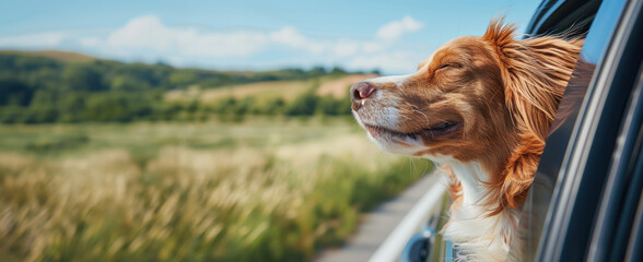 Dog Enjoying The Wind In A Car Window. A happy dog with its head out of a car window enjoys the wind