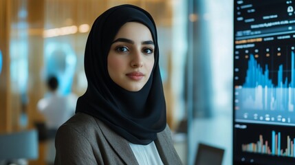 Poster - A young professional wearing a hijab stands confidently in a sleek office, engaged in presenting data analysis on a digital screen, showcasing growth metrics and trends in a busy work environment.