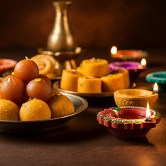 A platter of traditional Indian sweets and festive diyas, capturing the essence of celebration and joy during a festival