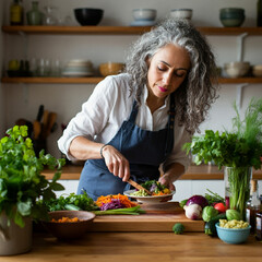 A mature woman chopping vegetables in her kitchen, focusing on fresh ingredients and creating a nutritious meal