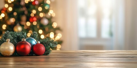 Christmas light countertop. Empty wood table top counter with abstract warm Xmas light blur background with festive golden bokeh. Holiday backdrop, mock up banner display. Advertise, montage product