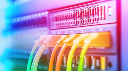 Poster - Network Switch with Colorful Ethernet Cables Plugged In