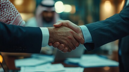 Poster - Two men, dressed in suits, shake hands at a table with paperwork in front of them. One of the men is wearing a white shirt and a white headscarf.