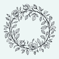 wreath of flowers, leaves
black and white vector frame illustration
set of decorative elements of plants background 