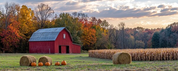 sunlit farm scene with pumpkins, hay bales, and a vibrant red barn in a picturesque autumn landscape