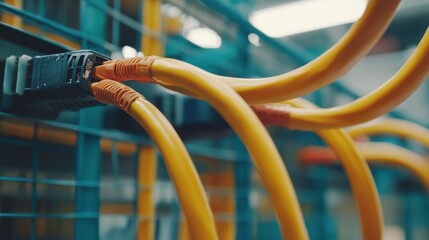 Poster - Yellow Network Cables Connected to a Server Rack