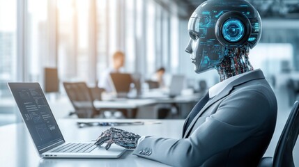 Leinwandbilder - A humanoid robot in a suit working on a laptop in an office setting.