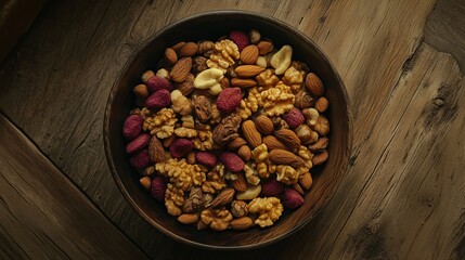 A vibrant bowl filled with a rich variety of nuts and seeds. Perfect for healthy snacking or as a topping for dishes, showcasing natural colors and textures.