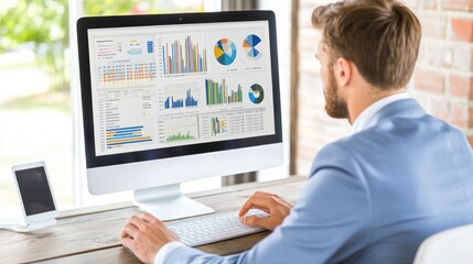 Leinwandbilder - Businessman Analyzing Data on Computer Monitor