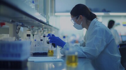 Fototapete - A scientist in a lab coat and gloves analyzes samples in a laboratory. The researcher measures liquid in a test tube while working in an environment equipped with glassware and scientific equipment.