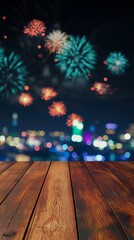 wooden table top with a blurred city night view and colorful fireworks in the sky