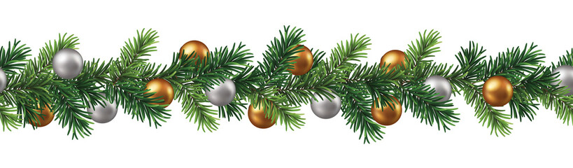 Wall Mural - christmas decorative border with branches and gold and silver baubles seamless pattern on transparen