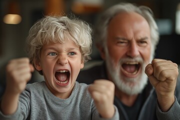 Elderly man and young boy in a moment of shared excitement, demonstrating the joy of multigenerational bonding and family connection