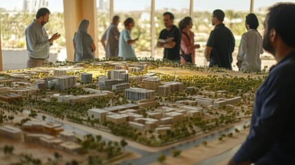 Aufkleber - People stand around a table and look at a model of a city. The model is very detailed and includes buildings, trees, and water. It appears to be a presentation of a planned development.