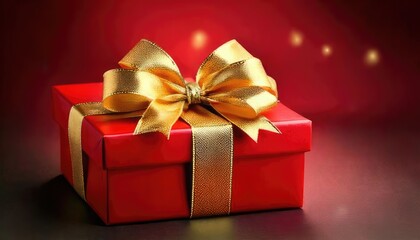 Red gift box with golden ribbon on a dark, festive background.