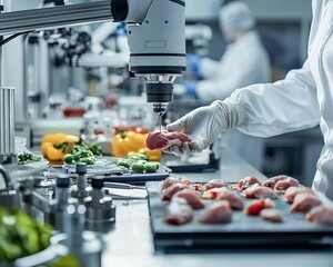 Laboratory food inspection process with fresh ingredients on a research table.