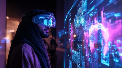 Poster - A man, dressed in traditional attire, engages with an interactive digital interface while wearing virtual reality goggles